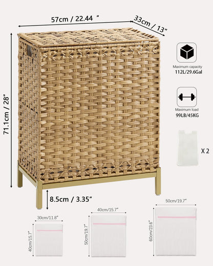 SETVSON Laundry Hamper with Lid 132 L, (35 Gallons) Clothes Hamper with Lid, Handwoven Rattan Laundry Hamper with Metal Heightened Feet, Laundry Hampers with 3 Removable Liner Bags for Laundry-Natural