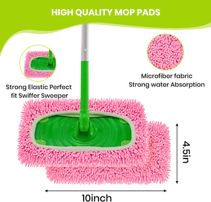 8 Pack Chenille Mop Pads, Reusable Microfiber Mop Refills for 10''–12'' Flat Mops, Washable Wet & Dry Floor Pads for Hardwood, Tile, Compatible with Swiffer Sweeper（Pink）