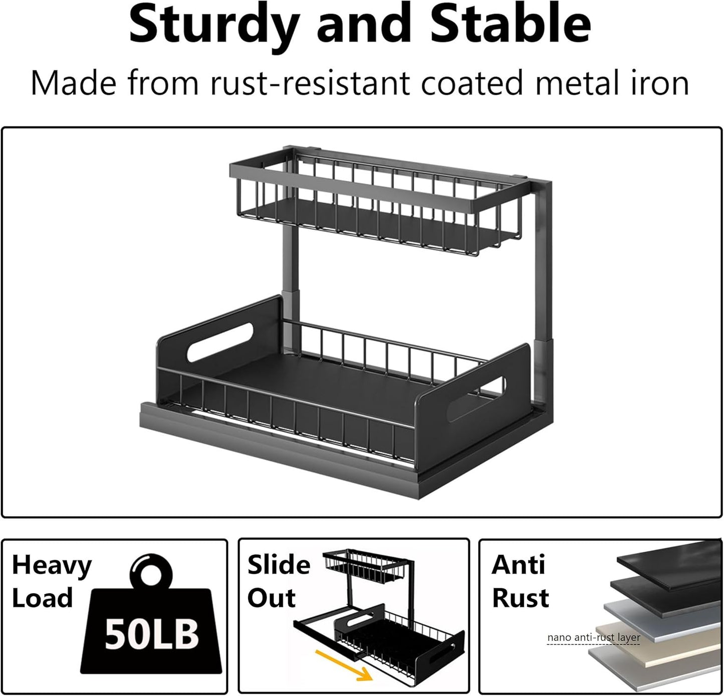 Ceetug Slide Out Under Sink Organizers and Storage, Black, 1 Pack | 2 Tier, Sturdy Metal, Cabinet Organizer, for Kitchen Bathroom