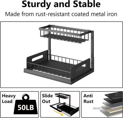 Ceetug Slide Out Under Sink Organizers and Storage, Black, 1 Pack | 2 Tier, Sturdy Metal, Cabinet Organizer, for Kitchen Bathroom