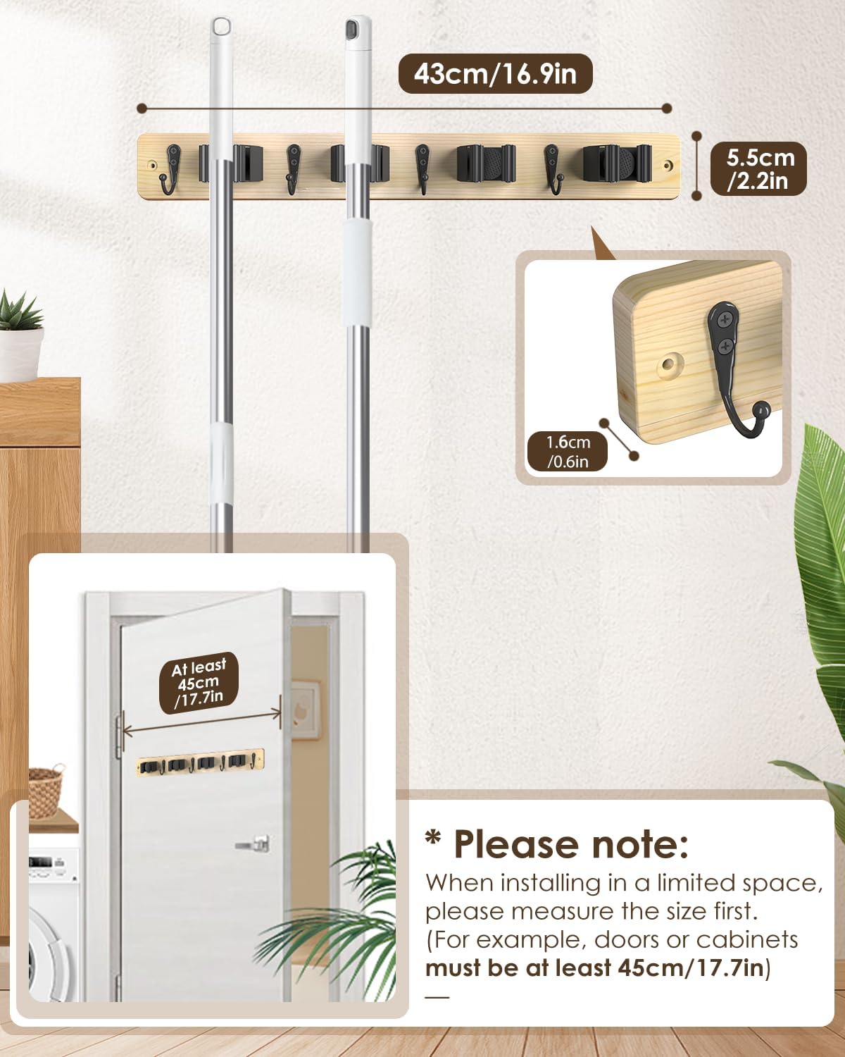 AceMining Broom Holder Wall Mounted, White 4 Holders and 4 Hooks Mop Holder, Wooden Mop and Broom Holder with Anti slip rubber, Natural pine wood Brush Holder, Mop Wall Holde with Nail installation