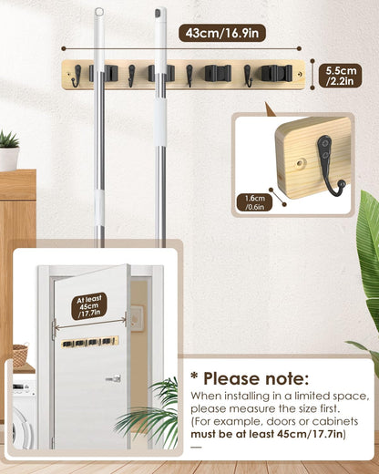 AceMining Broom Holder Wall Mounted, White 4 Holders and 4 Hooks Mop Holder, Wooden Mop and Broom Holder with Anti slip rubber, Natural pine wood Brush Holder, Mop Wall Holde with Nail installation