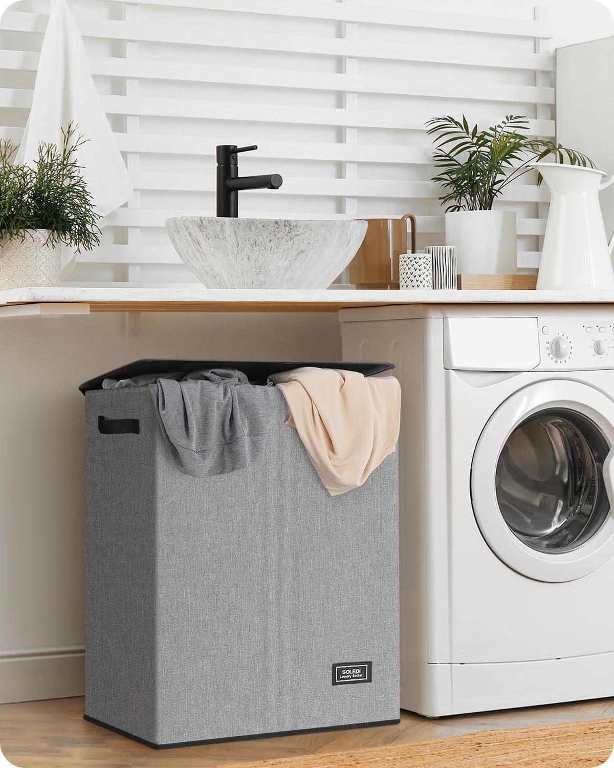 SOLEDI Luxury Double Laundry Hamper with Lid and Removable Bags, 38.3 Gal Large Laundry Bin, Laundry Basket 2 Sections, Collapsible Clothes Hamper for Bedroom, Laundry Room, Bathroom, Off-white