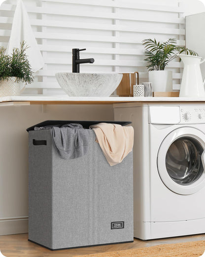 SOLEDI Luxury Double Laundry Hamper with Lid and Removable Bags, 38.3 Gal Large Laundry Bin, Laundry Basket 2 Sections, Collapsible Clothes Hamper for Bedroom, Laundry Room, Bathroom, Off-white