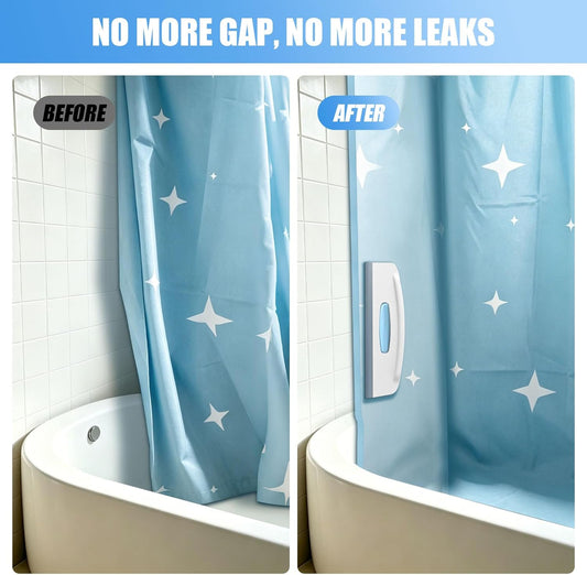 2-in-1 Magnetic Shower Curtain Clips with Squeegee, Pack of 2 – No-Drill Adhesive Wall-Mounted Holder, Keeps Curtain from Blowing Open, Streak-Free Wiper for Glass Door, Stop Water Splash on Floor