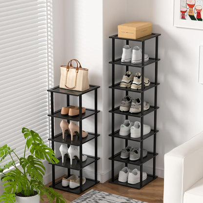 MHXW SXPN Bamboo Free Standing Shoe Rack Shelf Multi Tier Tall Wooden Stackable Shoes Rack Organizer for Closet Front Door Entrance Narrow Vertical Shoe Storage (Nature, 7 Tiers)
