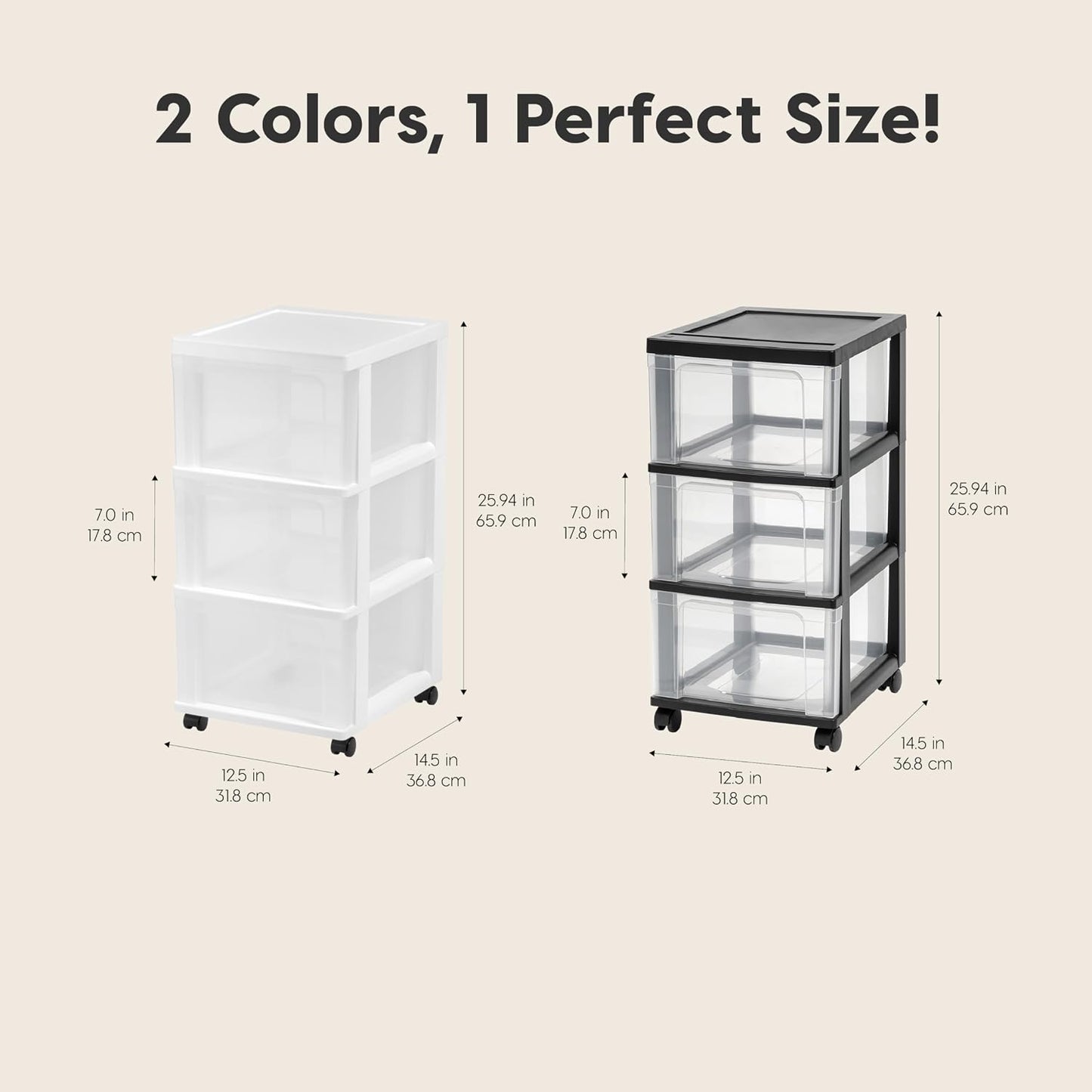 IRIS USA Plastic 3-Drawer Storage Organizer Rolling Cart, with Wheels Casters, 2-Pack, for Classroom Art Supplies Bathroom Dorm Bedroom Laundry Room, Slim Narrow, White/Clear