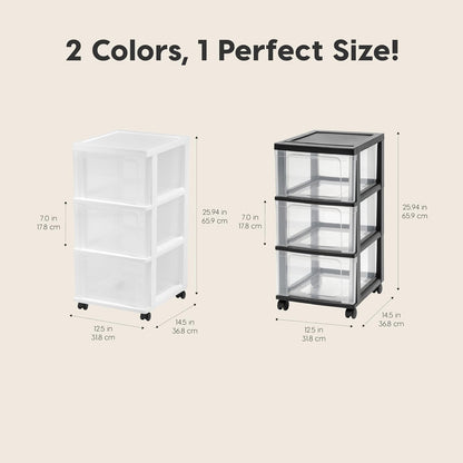 IRIS USA Plastic 3-Drawer Storage Organizer Rolling Cart, with Wheels Casters, 2-Pack, for Classroom Art Supplies Bathroom Dorm Bedroom Laundry Room, Slim Narrow, White/Clear