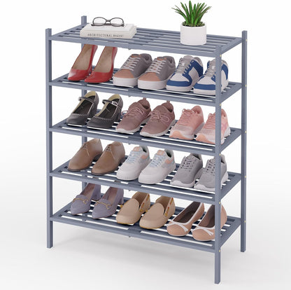 Smiry Bamboo Shoe Rack, 3 Tier Free Standing Wooden Shoe Organizer, Stackable Wood Shoe Storage Shelf for Closet, Entryway, 5 Horizontal Slats, 26.8"x11"x18.3", Natural