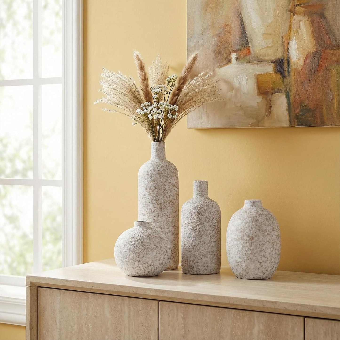 Modern Rustic Farmhouse Ceramic Vase Set of 3, Handmade Speckled Pottery Vases for Table Decor, Small Decorative Vase Centerpiece for Living Room, Mantel & Shelf Styling