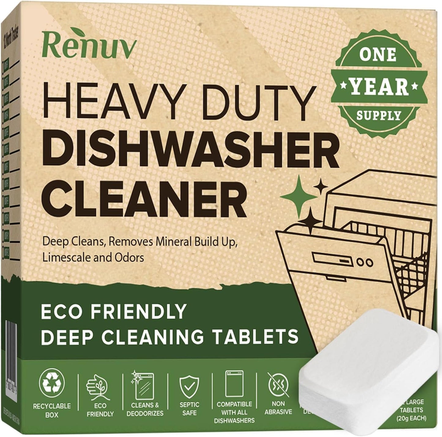 Renuv® Garbage Disposal Cleaner & Deodorizer Tablets, 12 XL Tablets | Foaming Citrus Scent, Drain Freshener, Kitchen Sink Odor Refresher For Garbage Disposer Cleaning
