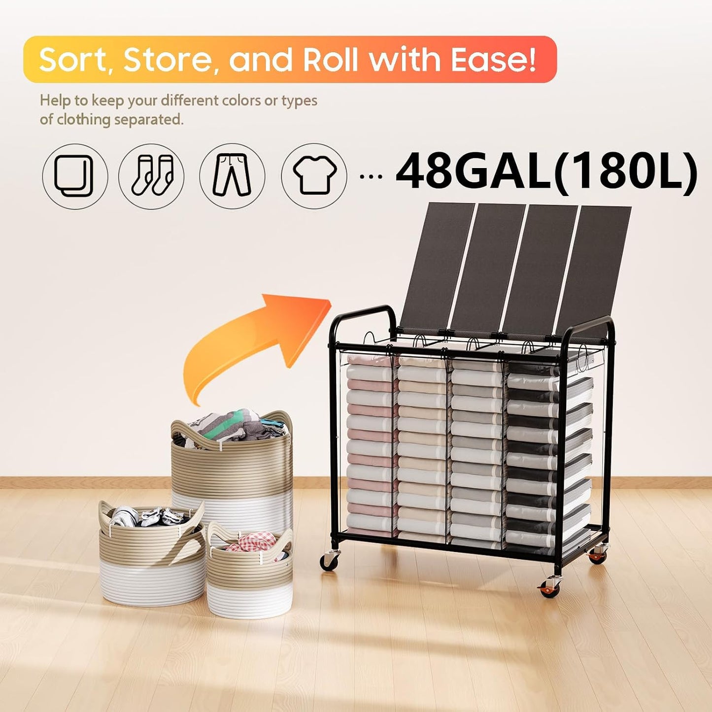 180L (47.55 Gal) Laundry Sorter 3 Section, Rolling Laundry Basket with Lockable Wheels and Lid, Laundry Hamper with 3 Separated Removable Bags Dirty Clothes Hamper for Laundry Room Organizer, Black