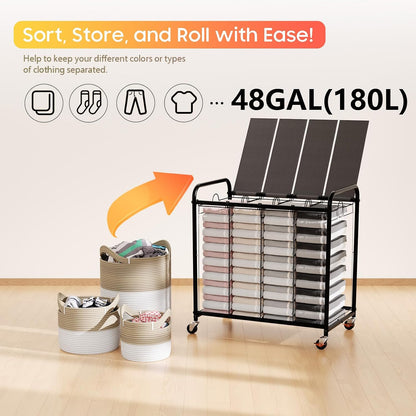180L (47.55 Gal) Laundry Sorter 3 Section, Rolling Laundry Basket with Lockable Wheels and Lid, Laundry Hamper with 3 Separated Removable Bags Dirty Clothes Hamper for Laundry Room Organizer, Black