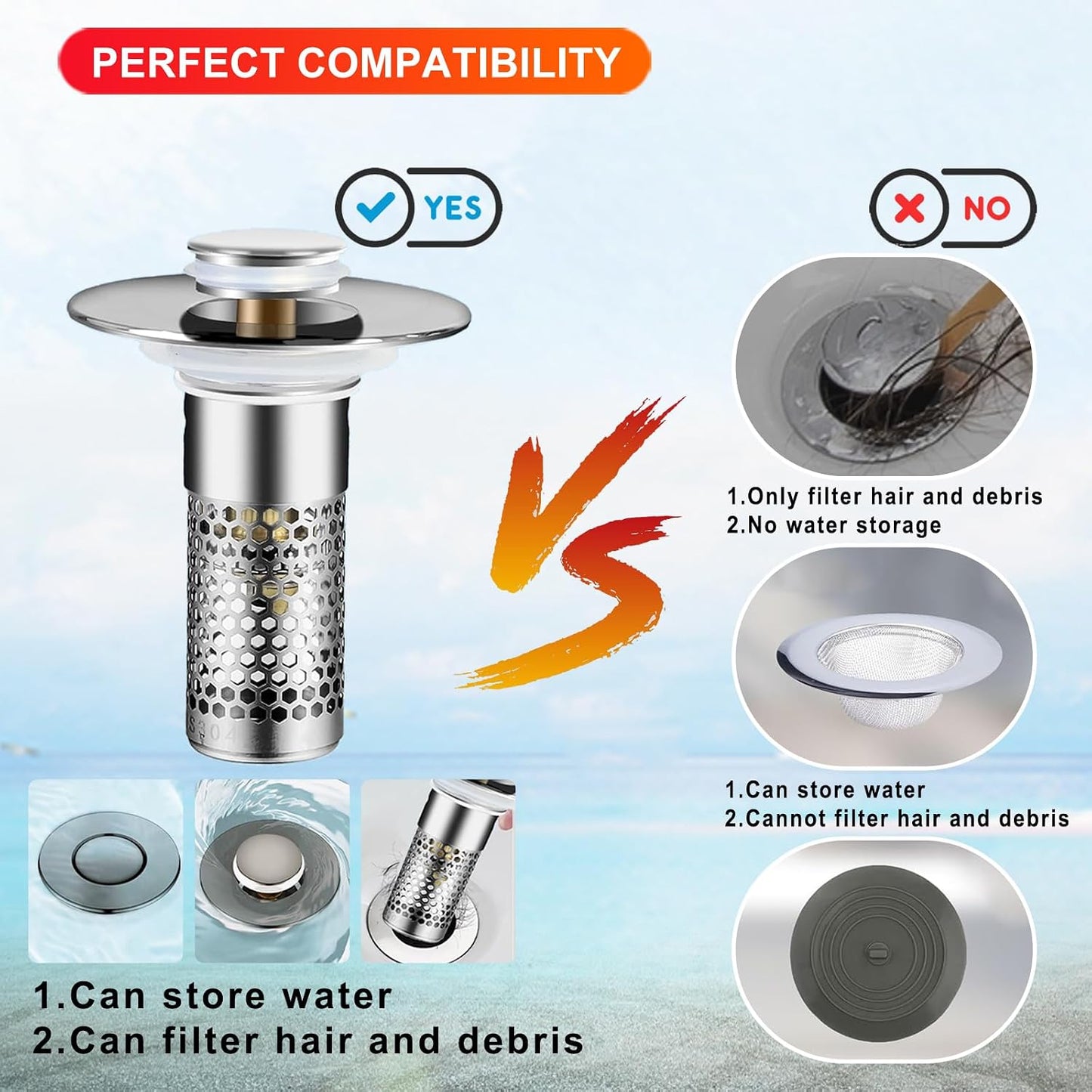 Bathroom Sink Stopper 2Pcs,Sink Drain Strainer,Hair Catcher with Removable Stainless Steel Filter Basket,Universal Sink Plug,Suitable for Most Sinks,Washbasin,Bathtubs