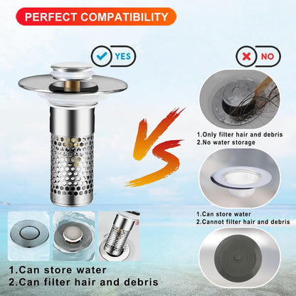 Bathroom Sink Stopper 2Pcs,Sink Drain Strainer,Hair Catcher with Removable Stainless Steel Filter Basket,Universal Sink Plug,Suitable for Most Sinks,Washbasin,Bathtubs