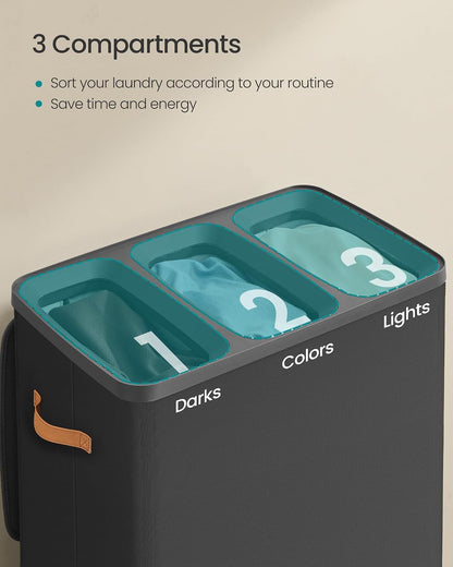 SONGMICS Laundry Basket, 50.2 Gal. Laundry Hamper, 3 Compartments, Easy Assembly, with Lid and Handles, Removable Liners, 25.2 x 15.7 x 29.5 Inches, Cappuccino Beige ULCB814LH01