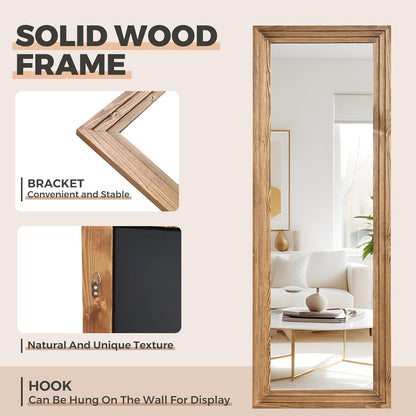 65"x22" Full Length Mirror Solid Wood Frame Floor Mirror with Stand for Living Room, Bedroom Hanging Standing or Leaning, Brown