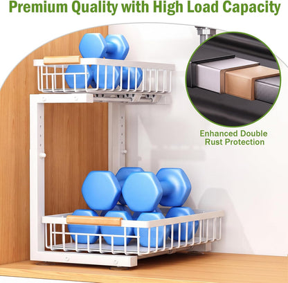 Under Sink Organizer, Pull Out Kitchen Storage Cabinet Organizer, 2-Tier Metal Slide Out Shelf for Bathroom Laundry Kitchen Storage with Drawers, 11.8"W x 15.9"D x 13.8-16.9"H, White, 2 Pack