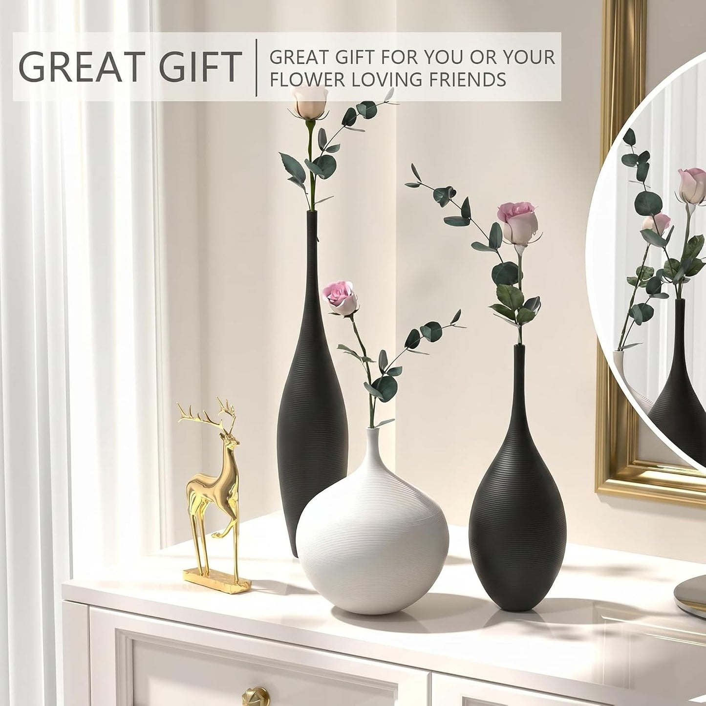 Relexome White Ceramic Vase Modern Boho Wabi-Sabi Flower Vase Set of 3 Decorative Aesthetic Vases for Centerpieces Pampas Matte Minimalist Vases for Living Room Table Shelf Home Decor Gift