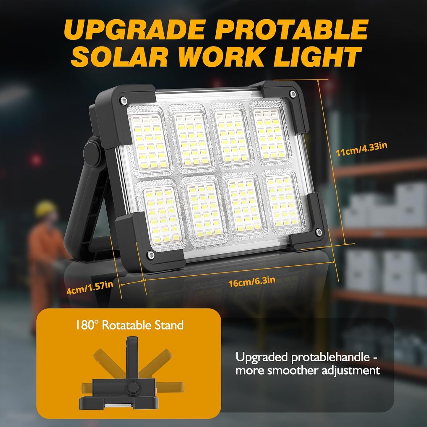 120W Solar Rechargeable Work Light, 144 LED 10000LM Led Work Light with 4 Modes, Portable Flood Light with Stand, IP66 Waterproof Outdoor Working Light for Emergency Mechanic Camping Repair (Yellow)