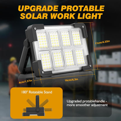 120W Solar Rechargeable Work Light, 144 LED 10000LM Led Work Light with 4 Modes, Portable Flood Light with Stand, IP66 Waterproof Outdoor Working Light for Emergency Mechanic Camping Repair (Yellow)
