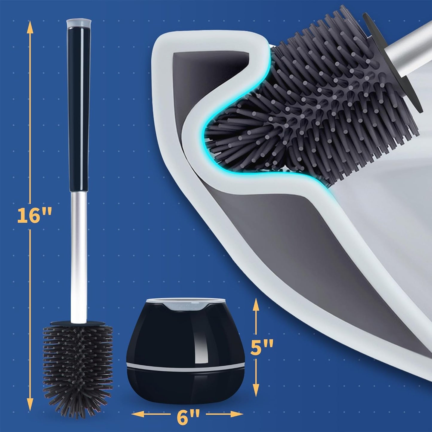 BOOMJOY Toilet Brush and Holder Set, Silicone Toilet Bowl Cleaner Brush, Bathroom Cleaning Bowl Kit with Tweezers, Bathroom Accessories with Aluminum Handle - White