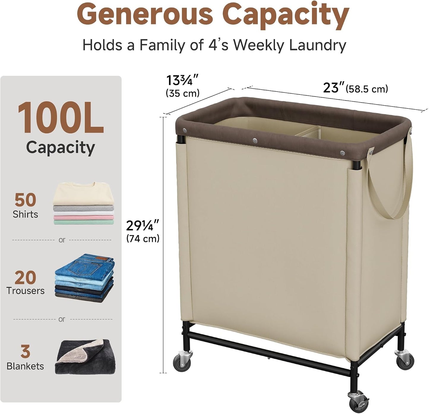 StorageWorks 3 Section Laundry Hamper, Rolling Laundry Cart with Wheels and Handles, Laundry Room Double Sorter for Organizer and Storage, 31.7 Gal(120L), Beige