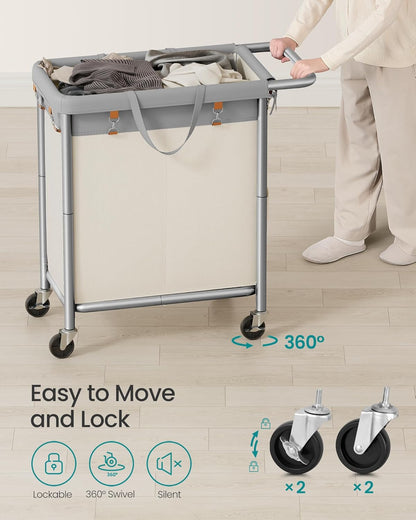 SONGMICS Laundry Basket with Wheels, 3-Section Rolling Laundry Hamper, 52.8 Gallons (200 L), Removable Liner, Steel Frame with Handle, 35.8 x 15.4 x 31.9 Inches, Cream White URLS005W01