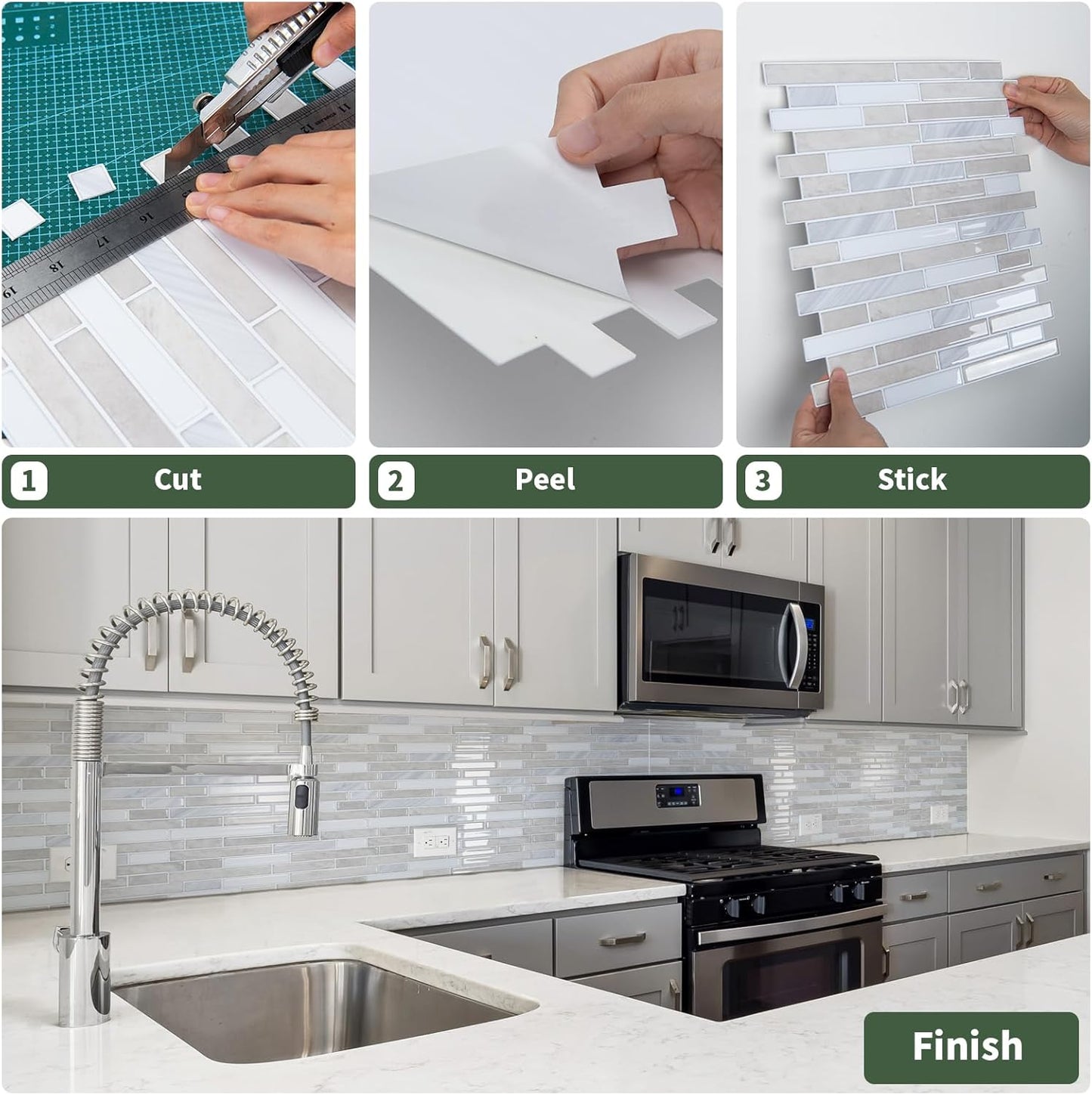 LONGKING 10-Sheet Extra Thick Peel and Stick Backsplash Tiles, Waterproof Kitchen Backsplash Peel and Stick Tile, Self-Adhesive Backsplash for Kitchen, Beige & White
