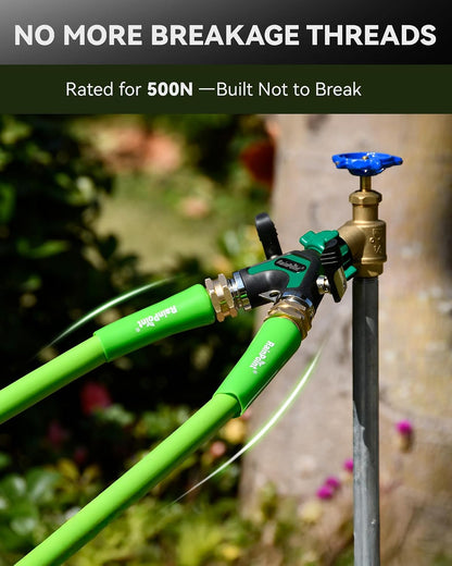 RAINPOINT Garden Hose Splitter 2 Way, All Metal Heavy Duty Water Hose Y Splitter With 2.05" Extra Long Side Handle & Shut Off Valves, 3/4 Inch GHT Thread Connector For Outdoor Spigot Faucet (Green)
