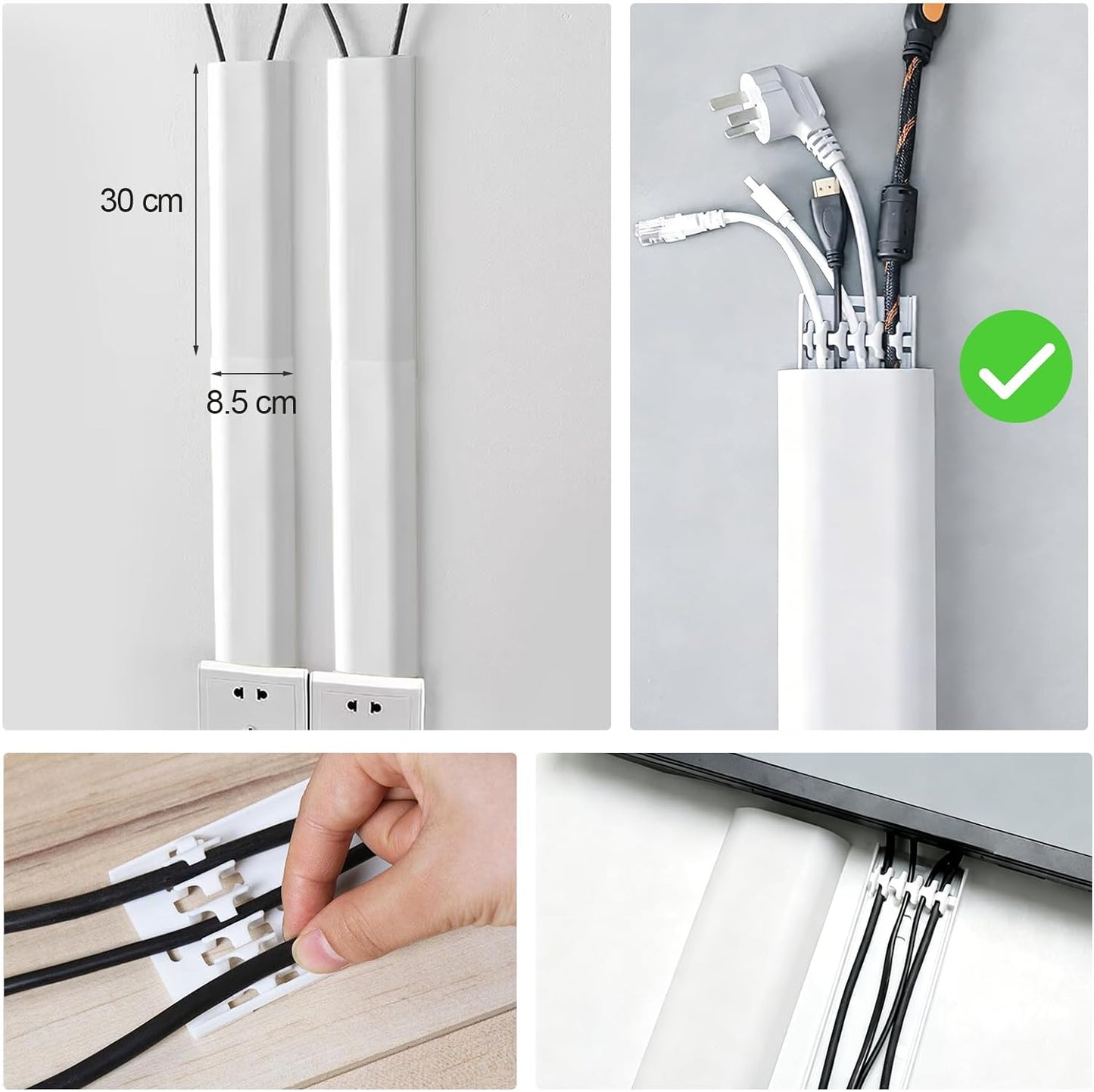 Cable Management Raceway Self Adhesive 30CM, Wall Cord Clip Concealer Channel, Wire Cover Hider for Home Office Desk TV PC(White, 2 Pack)