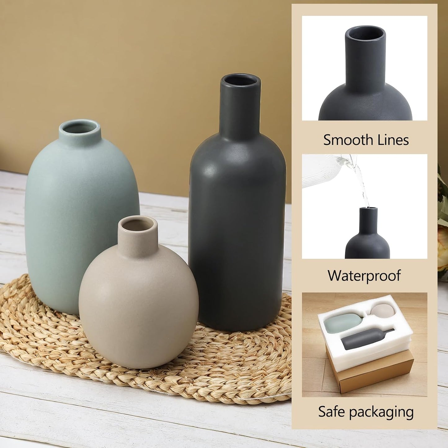 CUCUMI Ceramic Vase Set of 5, Home Decor Farmhouse Décor Handmade Pottery Vases for Pampas Grass, Dried Fresh Flowers, Table, Living Room, Kitchen, Shelf, Entryway Mantel Neutral Tones