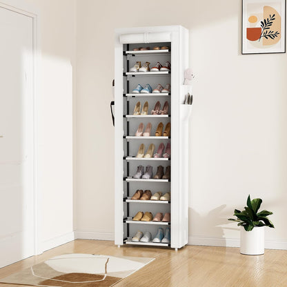 ROJASOP 10 Tier Shoe Rack with Covers,Large Capacity Stackable Tall Shoe Shelf Storage to 50-55 Pairs Shoes and Boots Sturdy Metal Free Standing Shoe Rack Organizer for Closet Entryway Garage
