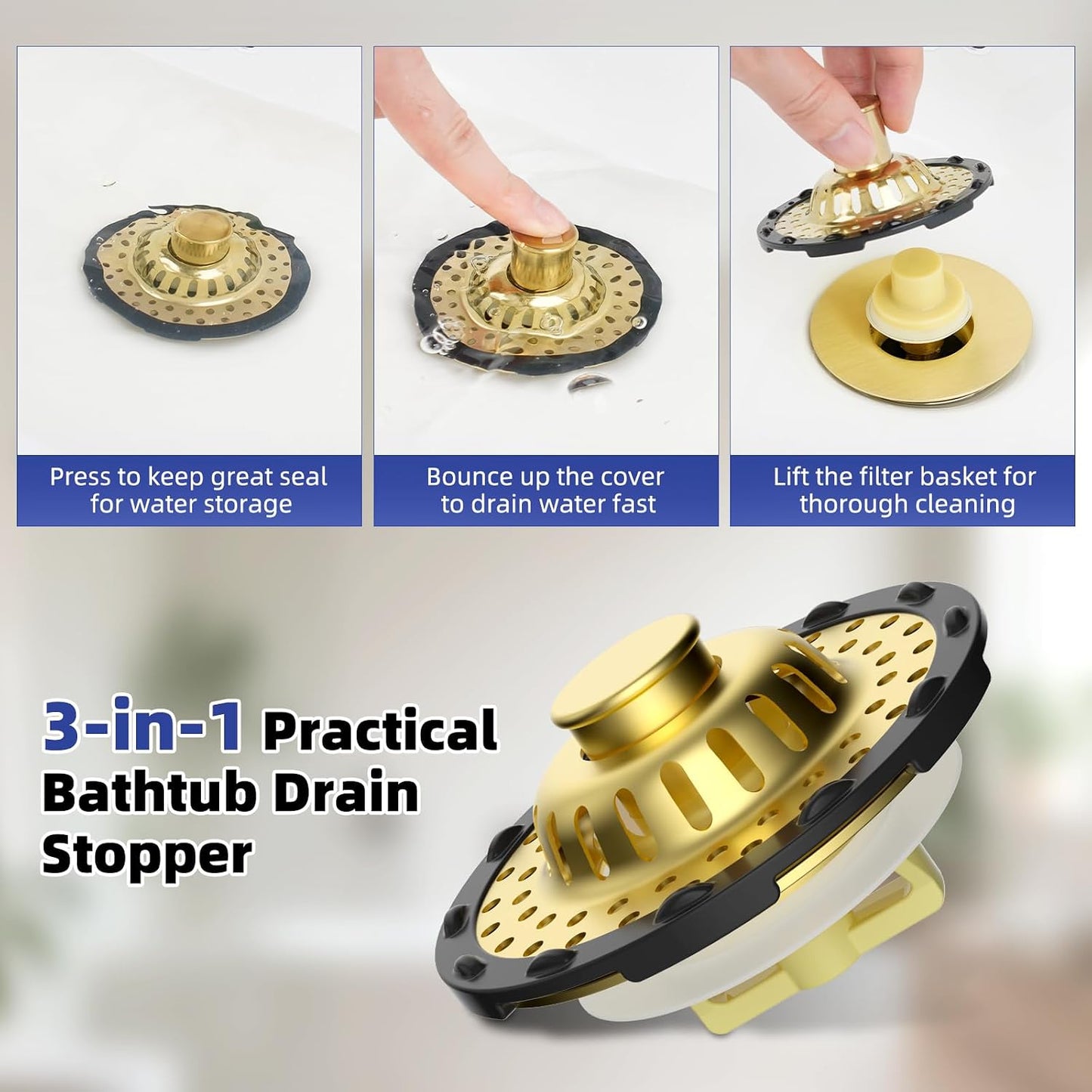 Universal Bathtub Drain Stopper Shower Drain Hair Catcher, Tub Stopper with Visible Top Strainer, Upgraded 3 in 1 Pop-up Drain Plug Fit for 1.5 to 2.4" Hole, Stainless Steel Filter Basket, Chrome