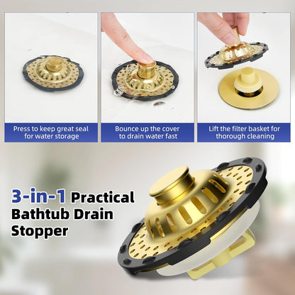 Universal Bathtub Drain Stopper Shower Drain Hair Catcher, Tub Stopper with Visible Top Strainer, Upgraded 3 in 1 Pop-up Drain Plug Fit for 1.5 to 2.4" Hole, Stainless Steel Filter Basket, Chrome