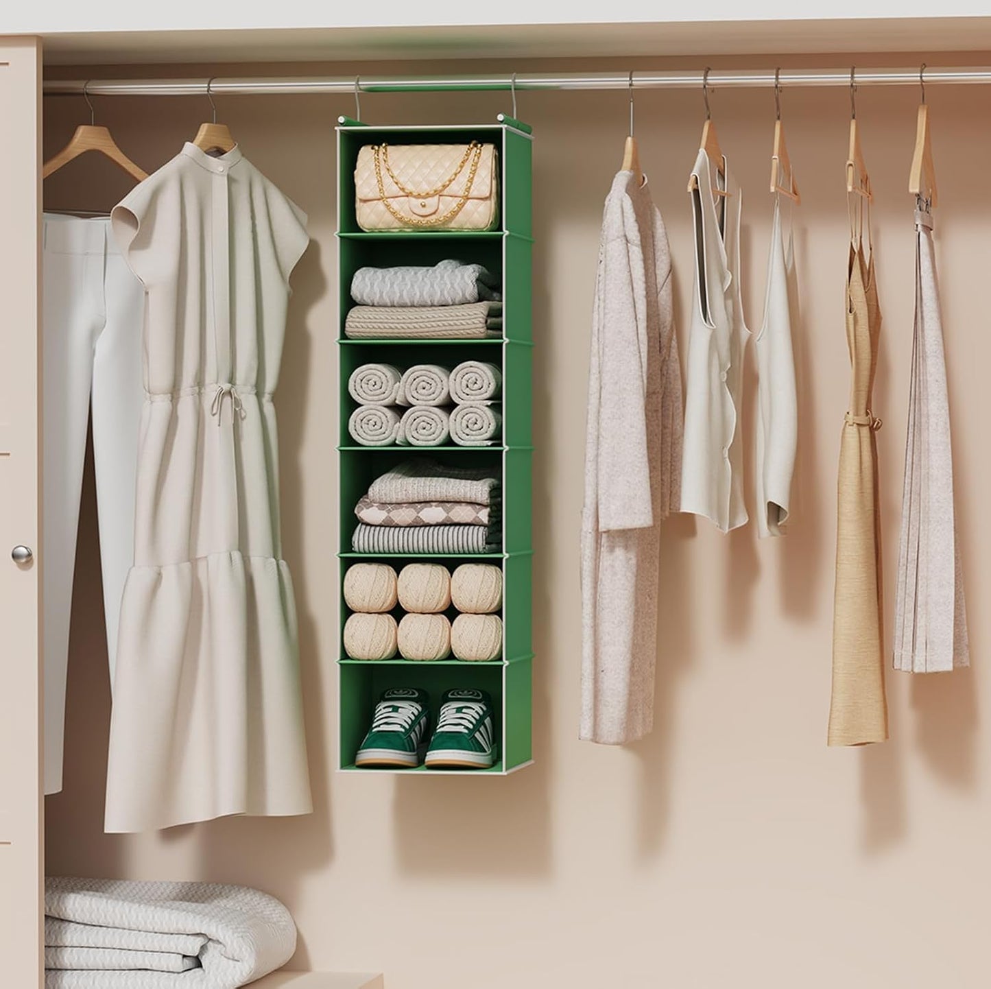 MAX Houser 6 Tier Shelf Hanging Closet Organizer, Closet Hanging Shelf with 2 Sturdy Hooks for Storage, Foldable (Grey)