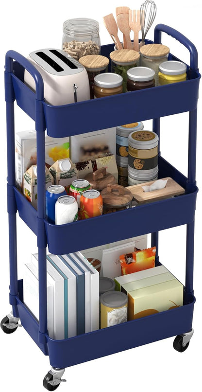 Sywhitta 4-Tier Plastic Rolling Utility Cart with Handle, Multi-Functional Storage Trolley for Office, Living Room, Kitchen, Movable Storage Organizer with Wheels, Black