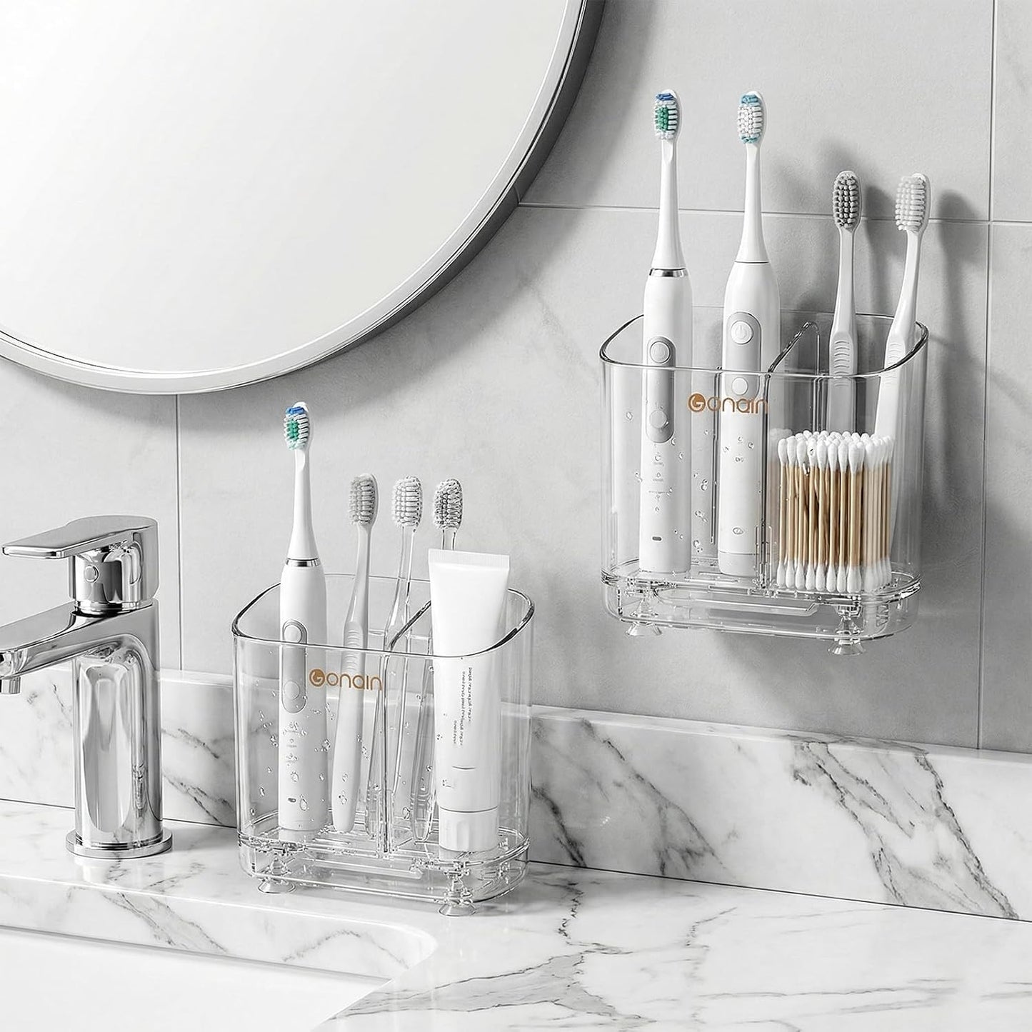 Toothbrush Holder for Bathroom Wall Mounted, 5 Slots Acrylic Toothbrush and Toothpaste Organizer Removable Dividers, Large Capacity Electric Toothbrush Holder for Family Bathroom Accessories, Clear