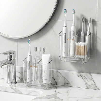 Toothbrush Holder for Bathroom Wall Mounted, 5 Slots Acrylic Toothbrush and Toothpaste Organizer Removable Dividers, Large Capacity Electric Toothbrush Holder for Family Bathroom Accessories, Clear