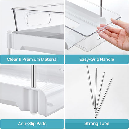 Vtopmart 2 Tier Bathroom Storage Organizer, 2 Pack Clear Under Sink Organizers Vanity Counter Container, Cabinet Drawers Bins, Pull-Out Organization with Track for Pantry, Kitchen