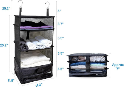 Grand Fusion Stow-N-Go Hanging Travel Shelves, Packing Organizer for Luggage. Carry on Closet for Suitcase. Expandable Packing Cube. Travel Essentials. (Black - L, L = (L) 11.8" x (W) 11.8")
