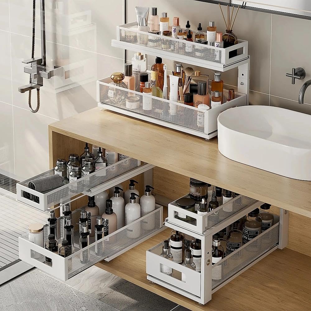 2 Pack Under Sink Organizer with Next-Gen Ball-Bearing Slides,2-Tier Pull Out Cabinet Storage,Height Adjustable Drawer Shelf for Bathroom,Kitchen,Laundry,Cabinet,Pantry(Patent Pending)