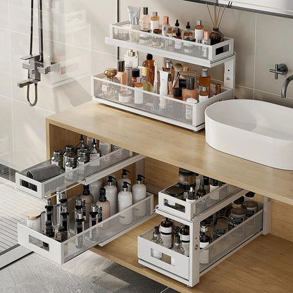 2 Pack Under Sink Organizer with Next-Gen Ball-Bearing Slides,2-Tier Pull Out Cabinet Storage,Height Adjustable Drawer Shelf for Bathroom,Kitchen,Laundry,Cabinet,Pantry(Patent Pending)