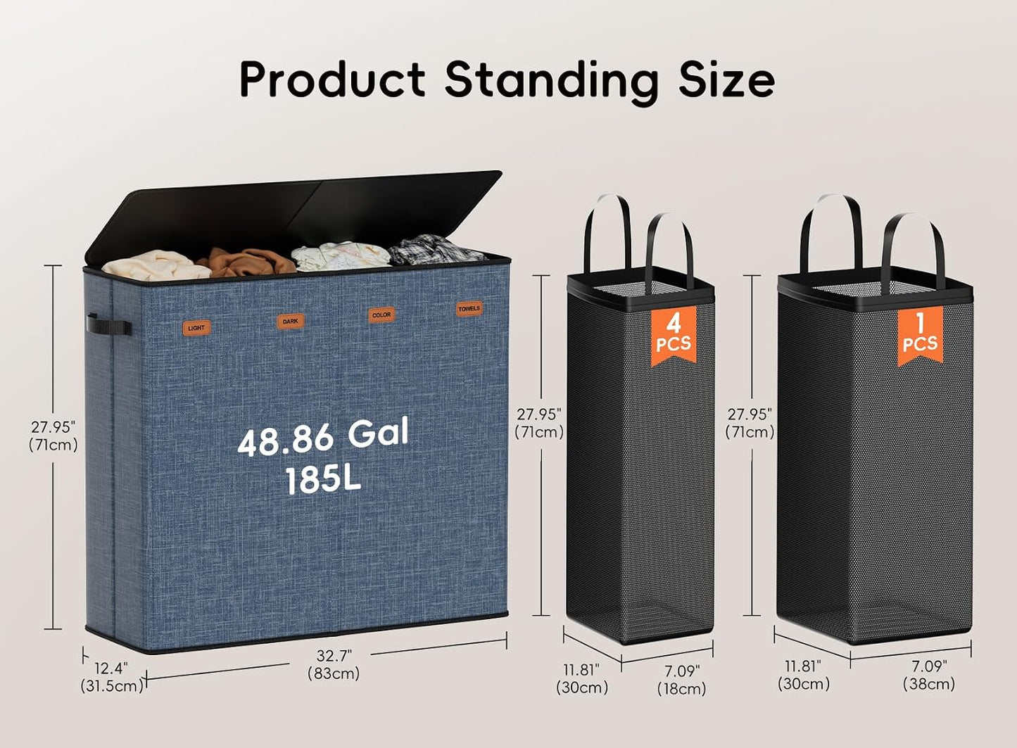 185L Laundry Hamper 3 Section, Laundry Hamper with Lid, Dirty Clothes Hamper with 3 Removable Washing Bags, Extra Large Laundry Basket Organizer for Bedroom, Laundry Room, Dorm - Black