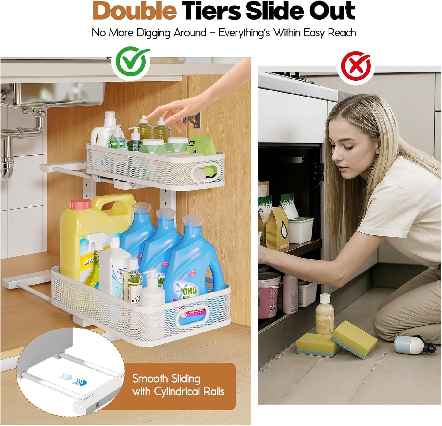 2 Pack Under Sink Organizer With Smooth Cylindrical Rail,2-Tier Pull Out Multi-Purpose Cabinet Storage for Bathroom&Kitchen,Height Adjustable,Rust-resistant Coating-White