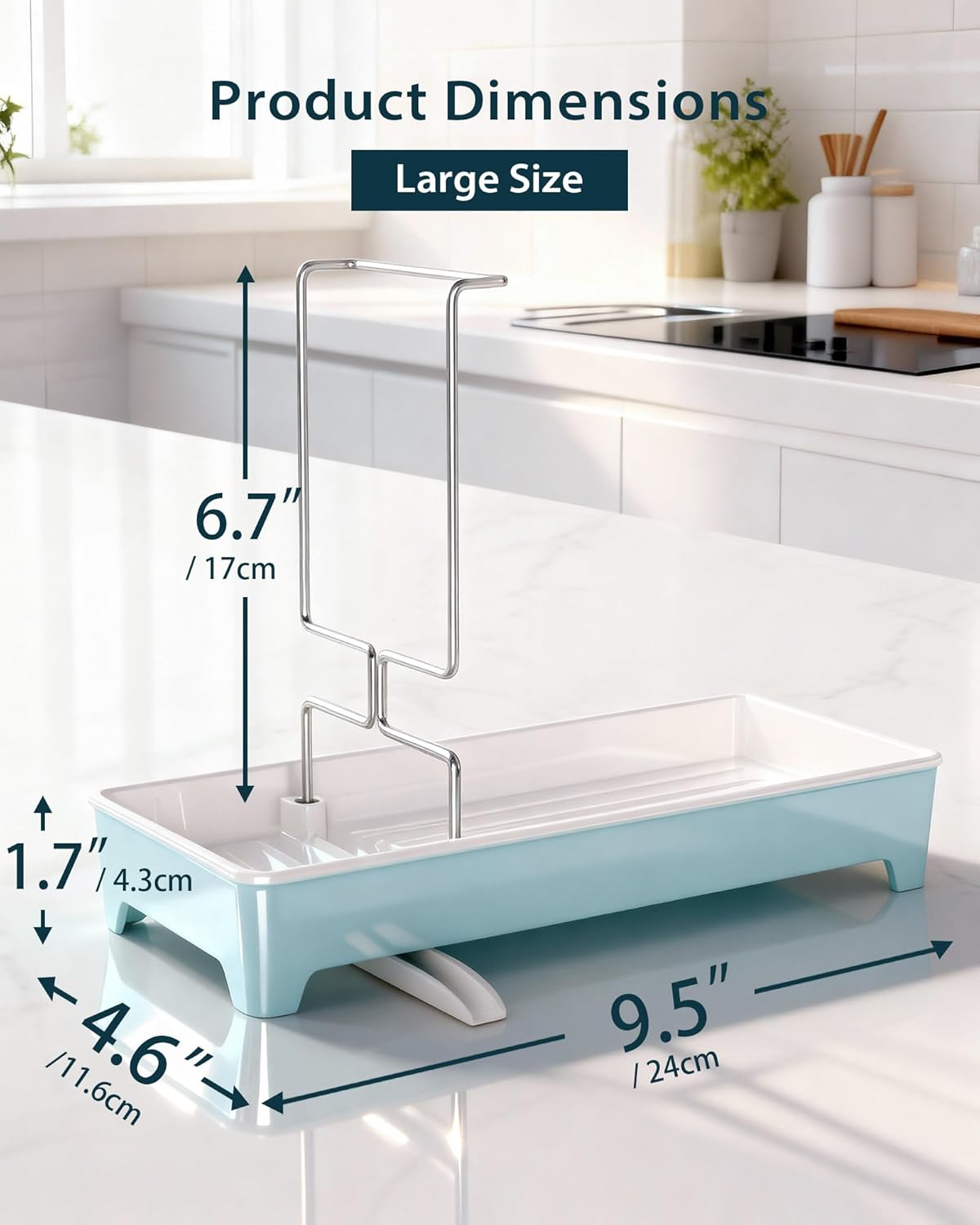 Minimalist Sink Caddy, Rustproof Sponge Holder for Kitchen Sink with 304 Stainless-Steel Brush Holder, Countertop Rack Organizer with Raised Ridges & Silicone Drain Tube (Black, Large)