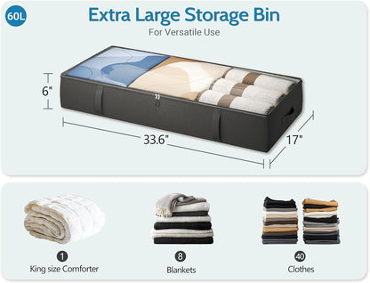 Vailando Side-Supported Under Bed Storage Containers, 6 Inches Tall 60L Underbed Storage Bins with Sturdy Handles and Sidewalls, Closet Organizer for Clothes, Blankets, Seasonal Items, Beige, 2-Pack