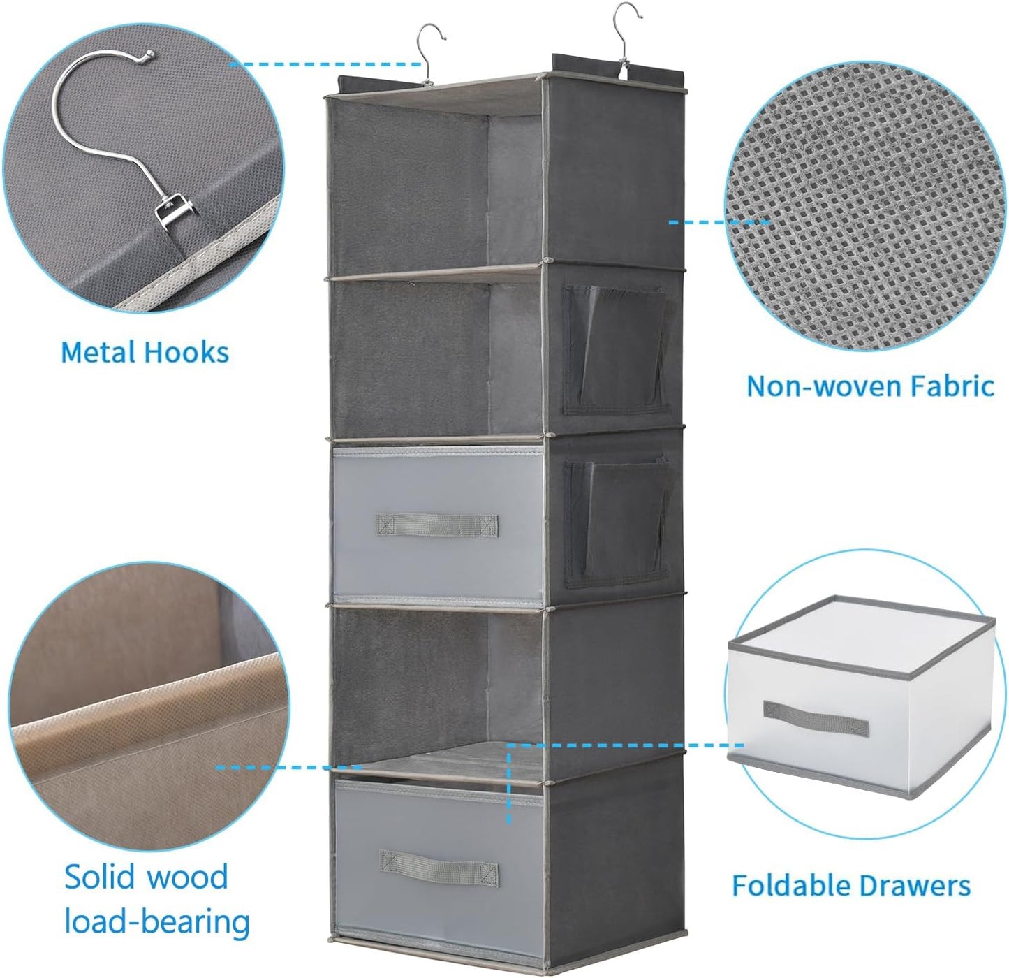 6-Shelf Hanging Closet Organizer with 3 Drawers & Side Pockets, Gray | Non-woven fabric, tool-free setup, ideal for bedrooms/dorms/RVs, 3 foldable transparent drawers for easy access