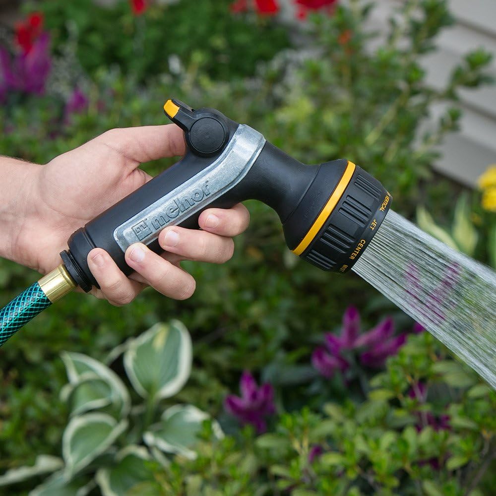 Melnor 65020-AMZ Metal Multi-Pattern Hose Nozzle with Rear Trigger Grip, 7 Spray Patterns, Heavy-Duty Metal Construction, Quick Connect Adapter, Black, Orange