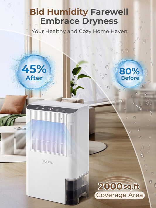 FOHERE Dehumidifier for Basement & RV, Works at 41°F, 30dB Whisper Quiet, 2000 Sq.Ft Coverage, 85oz Tank & Drain Hose, 99.97% HEPA Filtration, Auto Shut-Off, for Bedroom Bathroom Closet